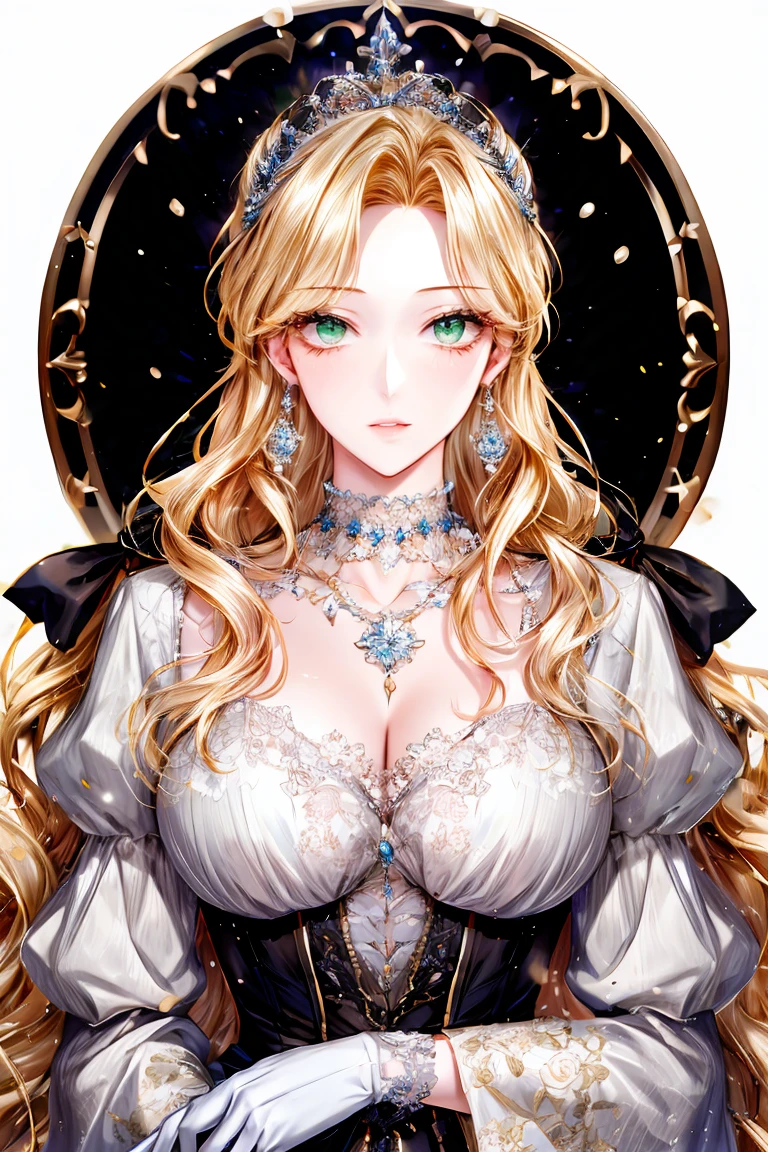 shoujo-style, (floral background, romance manhwa), 1girl, blonde hair, solo, long hair, flower, dress, tiara, white dress, gloves, long sleeves, choker, green eyes, mascara, makeup, white gloves, black bow, black flower, wavy hair, bow, bra, jewelry, looking at viewer, white background, collarbone, puffy sleeves, silver accessories, upper body, parted bangs, very long hair, blue dress, frills, bangs, closed mouth, detailed eyes, sparkle