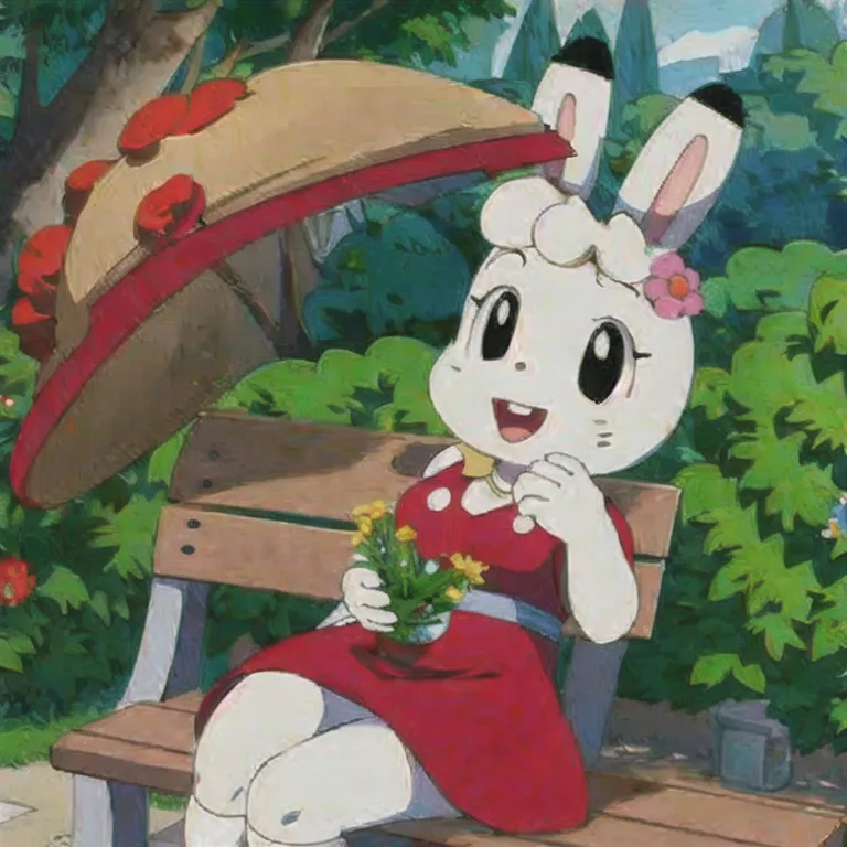 (masterpiece, best quality:1.2), 1girl, white bunny, bunny ears, black eyes, solo, red dress, sitting on a bench in the park, mi...