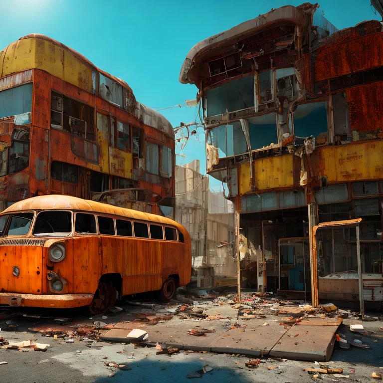 rostiger Bus mit Eiscreme auf dem Dach vor einem verlassenen Gebäude, im Kunststil von Filip Hodas, von Filip Hodas, inspired von Filip Hodas, Alexey Egorov, hochdetailliertes hyperrealistisches Retro, Greg Rutkowski. octane render, bussiere rutkowski andreas rocha, gerendert in Cinema 4D Octane