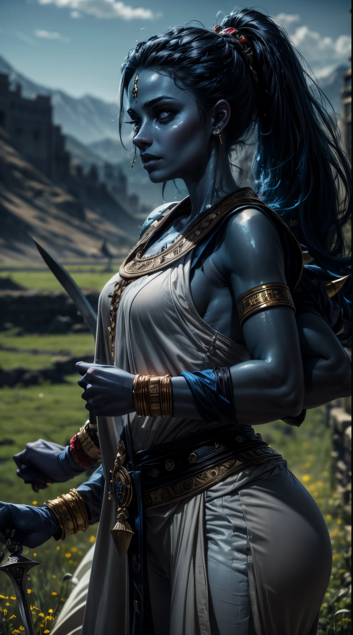 arab woman, (((blue skin))), she has (((four arms))), ((black hair)), arabic swords on each hand, indian woman, arabian ((rogue battle white robes)), pants, ponytail, arabic swords, field background .  (best quality,4k,8k,highres,masterpiece:1.2), HDR,UHD,studio lighting,ultra-fine painting,sharp focus,physically-based rendering,extreme detail description,professional, 