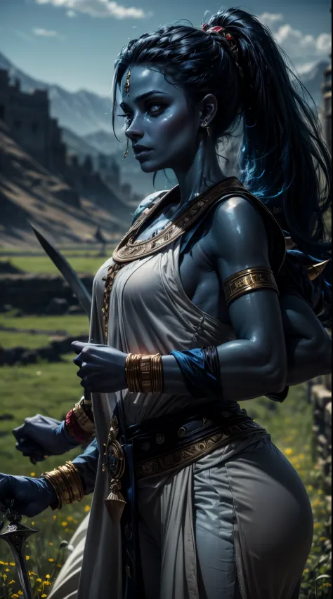 arab woman, (((blue skin))), she has (((four arms))), ((black hair)), arabic swords on each hand, indian woman, arabian ((rogue ...
