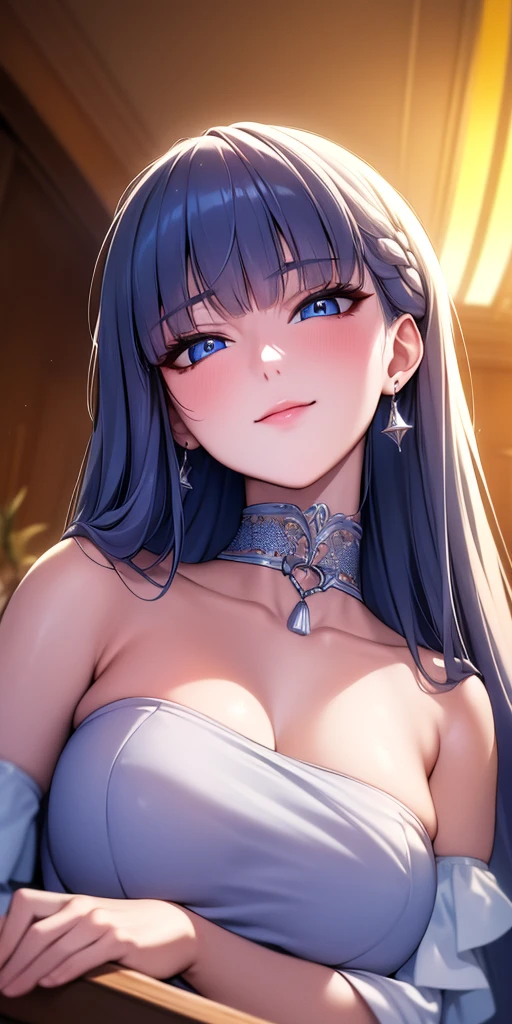 ((masterpiece)), ((highest quality)), (Ultra-detailed), ((Very detailed)), 4K, (8k), highest quality, (beautiful), Animation Style, Looking up from below, bar, evening, Pretty girl, 1 girl, alone, last, beautiful rainbow hair, beautiful blue eyes, ((beautiful eyes)), White skin, Earrings, collar, smile