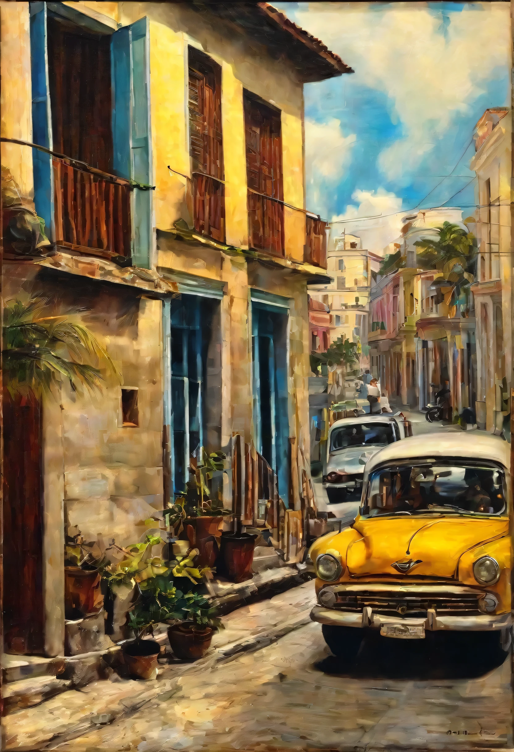 oil painting, in havana, cuba, a street with cars, typical houses and colors, work of art, ​masterpiece. perfect, realisitic, ​masterpiece, Leonardo da Vinci, van gogh, chirico, renoir