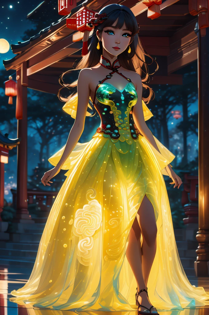 ((best quality)), ((masterpiece)), (intricate details, hyperdetailed:1.15), 35mm, bokeh, (perfect face, highest detailed face), (full body shot), (wearing a red bioluminescent ballgown), red and yellow bioluminescent dress, fashion photography of bratz, lips, large breasts, beautiful, makeup, mascara, lip gloss, perfect eyes, long eyelashes, long hair, looking at viewer, 8k, shiny, glow, (bloom), beautiful girl, photoshoot, fun atmosphere, (full moon, Lunar New Year setting, Chinese dragon:1.3)