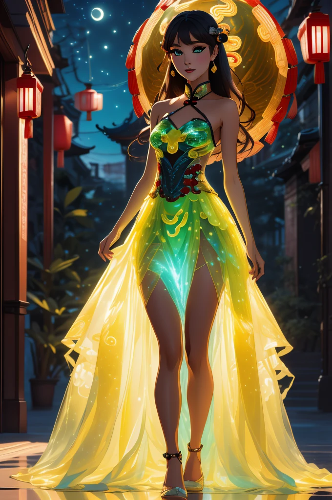 ((best quality)), ((masterpiece)), (intricate details, hyperdetailed:1.15), 35mm, bokeh, (perfect face, highest detailed face), (full body shot), (wearing a red bioluminescent ballgown), red and yellow bioluminescent dress, fashion photography of bratz, lips, large breasts, beautiful, makeup, mascara, lip gloss, perfect eyes, long eyelashes, long hair, looking at viewer, 8k, shiny, glow, (bloom), beautiful girl, photoshoot, fun atmosphere, (full moon, Lunar New Year setting, Chinese dragon:1.3)