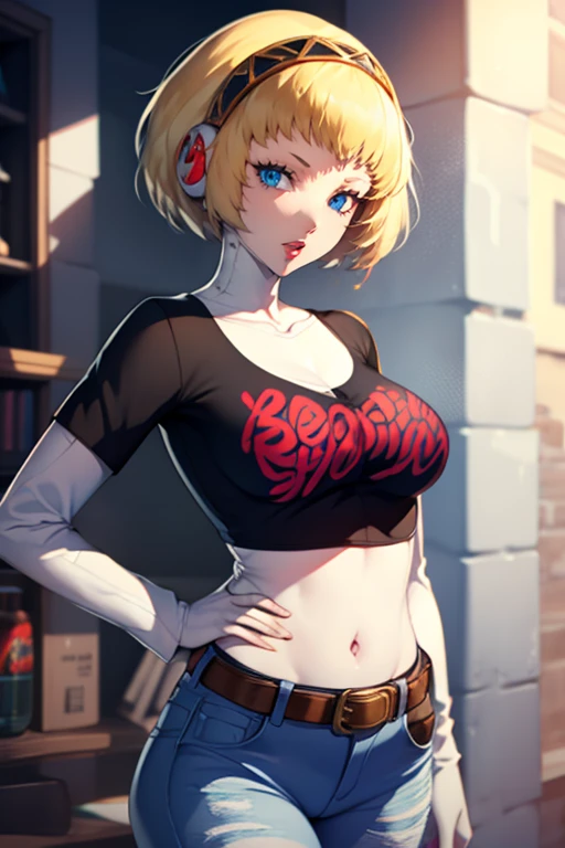 aegis, blonde hair, looking at viewer, red bow, 1girl, solo, black t-shirt, white shirt, blue jeans, belt, lipstick, large breasts
