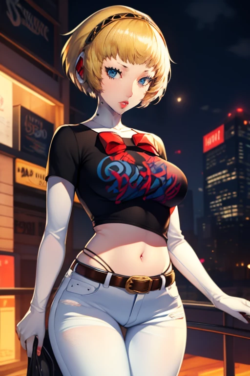 aegis, blonde hair, looking at viewer, red bow, 1girl, solo, black t-shirt, white shirt, blue jeans, belt, lipstick, large breasts
