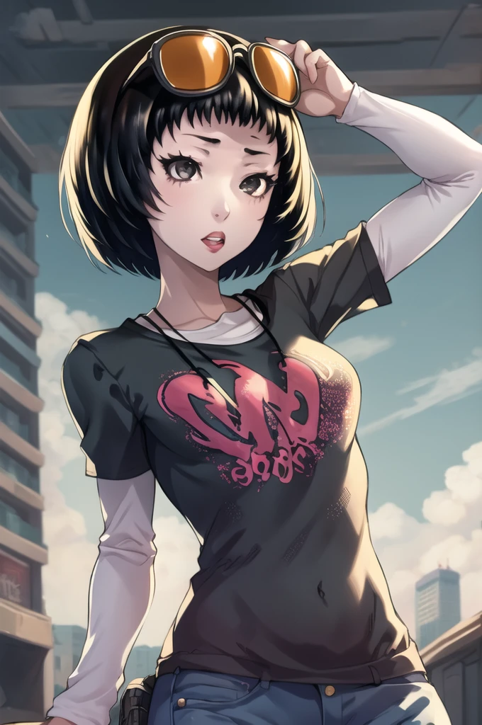 masterpiece, best quality, absurdres, 1girl, solo, OhyaIchiko, short hair, bob cut, eyewear on head, black t-shirt, layered sleeves, jeans, 