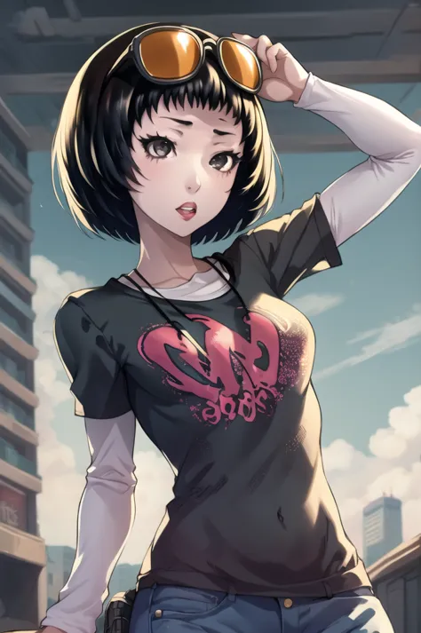 masterpiece, best quality, absurdres, 1girl, solo, ohyaichiko, short hair, bob cut, eyewear on head, black t-shirt, layered slee...