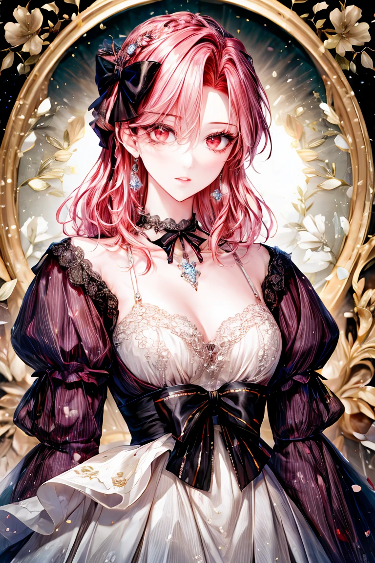shoujo-style, (floral background, romance manhwa), 1girl, pink hair, solo, long hair, flower, dress, hair ornament, purple dress, gloves, long sleeves, choker, red eyes, mascara, makeup, black bow, black flower, medium hair, french braid, bow, bra, jewelry, looking at viewer, white background, collarbone, puffy sleeves, silver accessories, upper body, very long hair, white dress, frills, bangs, closed mouth, detailed eyes, sparkle
