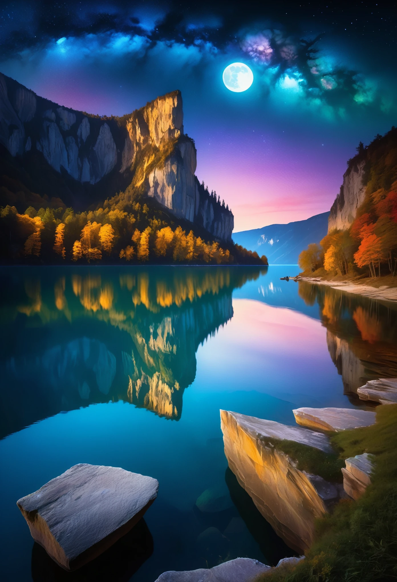 a fantastical dreamlike landscape, a majestic cliff suspended over a serene lake, surreal and vibrant colors illuminating its reflection, an otherworldly and ethereal atmosphere, soft moonlight casting mystical shadows, a profound sense of depth and mystery, transporting the viewer to another dimension, a breathtaking and unforgettable composition, shot with a Canon EOS III Zeiss 120mm wide-angle lens