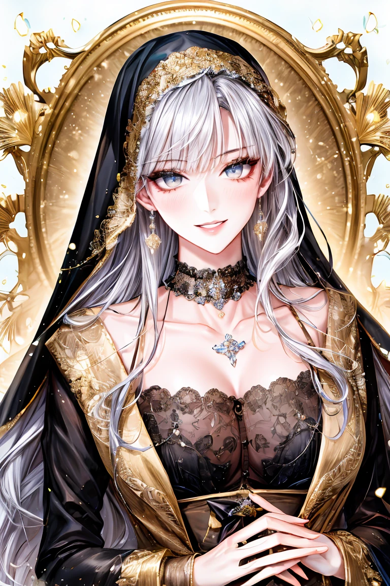 shoujo-style, (floral background, romance manhwa), 1girl, silver hair, solo, long hair, flower, cross, cape, nun, gloves, long sleeves, choker, gray eyes, mascara, makeup, blue bow, blue flower, bob cut, french braid, bow, bra, jewelry, looking at viewer, white background, collarbone, golden accessories, upper body, golden engraving, blunt bangs, jentle smile, detailed eyes, sparkle