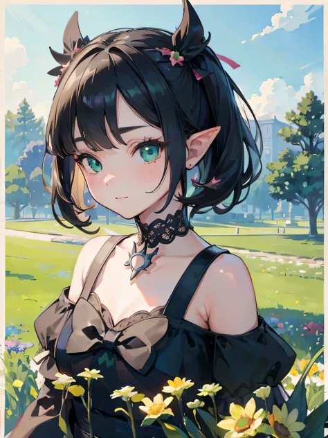 ((best quality)), ((masterpiece)), (detailed), perfect face, elf, young girl, black hair, bangs, green eyes, black dress, flower...