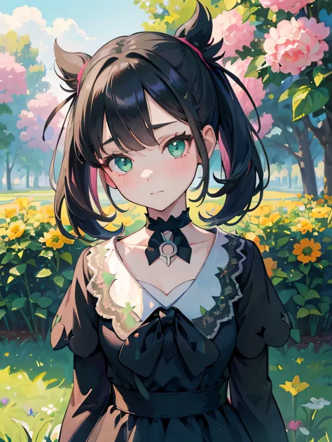 ((best quality)), ((masterpiece)), (detailed), perfect face, young girl, black hair, bangs, green eyes, black dress, flowers, pi...