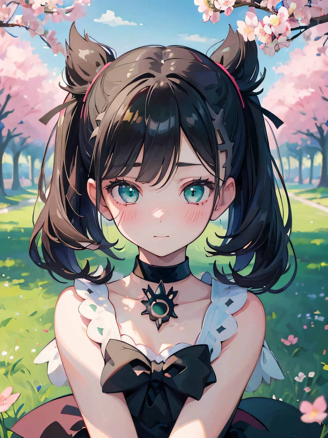 ((best quality)), ((masterpiece)), (detailed), perfect face, young girl, black hair, bangs, green eyes, black dress, flowers, pink flowera, happy, happy, sunny, green grass, lawn, white lace choker, romantic, soft smile, looking at viewer, portrait, flat, ribbons, ((marnie pokemon)), (detail eyes), (shy), (blushing), (sakura tree)