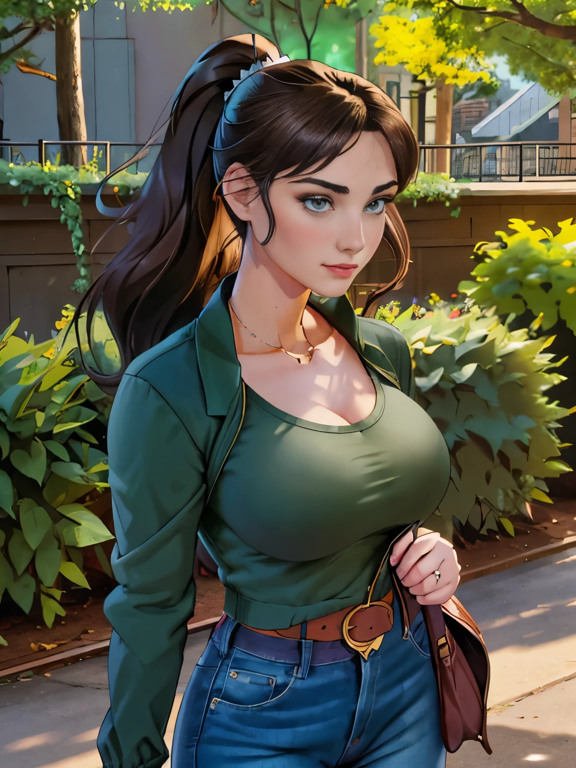 (masterpiece, top quality, best quality, official art, beautiful and aesthetic:1.2), (1girl:1.3), dark brown hair pulled back, elegant updo, extremely detailed, portrait, looking at viewer, facing viewer, solo, (full body:0.6), detailed background, close up, kindly eyes, (warm summer park theme:1.1), busty woman, charlatan, smirk, mysterious, long hair, huge ponytail, slim, thin, athletic, womanly, elastic woman, dark green jacket, tank top, blue jeans, hair bandana, camera bag, brunette, city, heroic, cheerful, city exterior, park, street, daylight, soft lighting, natural lighting, athletic, strong, slim waist, slim hips, long legs, muscular legs, modern (city park exterior:1.1) background, bright mysterious lighting, shadows, magical atmosphere, dutch angle, (Abigail Shapiro)