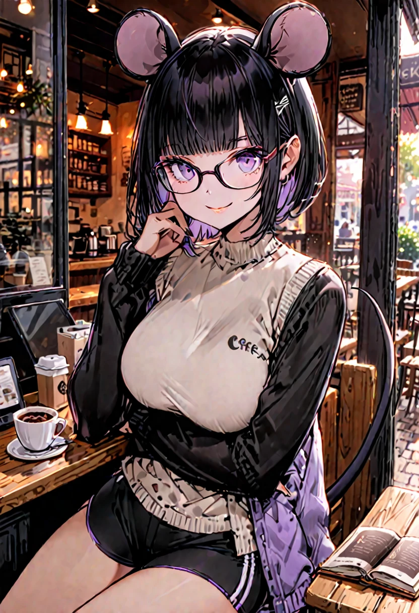 solo, female, sfw, medium shot, mouse tail, black fur on arms, mouse arms, large mouse ears, black hair, black eyes, slim, short hair, straight bangs, violet eyes, glasses, booty shorts, large breasts, cafe, coffee, book, warm, comfy, smile, hipster