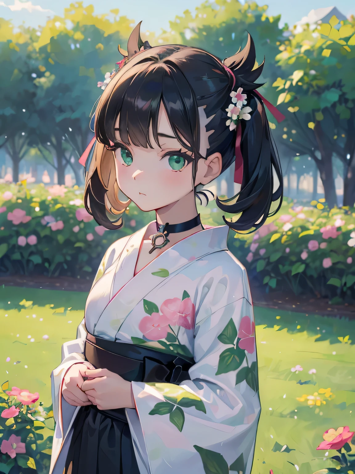 ((best quality)), ((masterpiece)), (detailed), perfect face, young girl, black hair, bangs, green eyes, black dress, flowers, pink flowers, happy, sunny, green grass, lawn, white lace choker, romantic, soft smile, looking at viewer, portrait, flat, ribbons, ((marnie pokemon)), (detail eyes), (shy), full-length body, ((yukata))