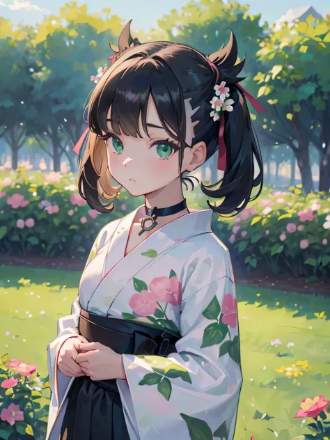 ((best quality)), ((masterpiece)), (detailed), perfect face, young girl, black hair, bangs, green eyes, black dress, flowers, pi...