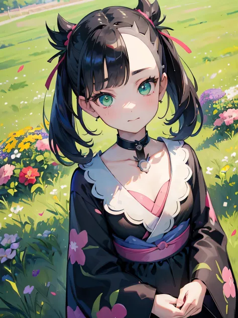 ((best quality)), ((masterpiece)), (detailed), perfect face, young girl, black hair, bangs, green eyes, black dress, flowers, pi...