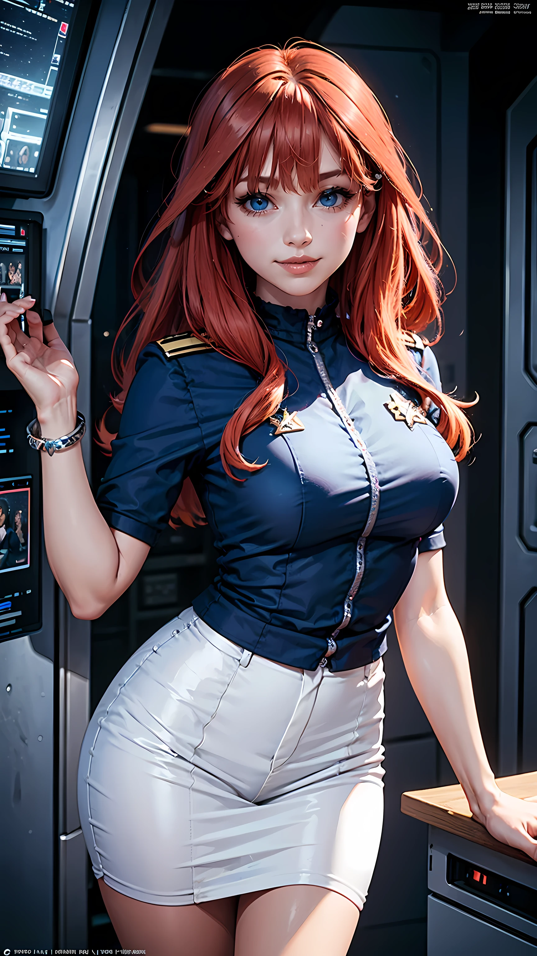 Beautiful red hair woman is shown to have a sexy figure, She is wearing classic trek blue uniform, jewelry, she has blue eyes, smile tease look, Girl standing on a command bridge of a starship, sexy session, poseing, portrait, superior quality, many details, realistic