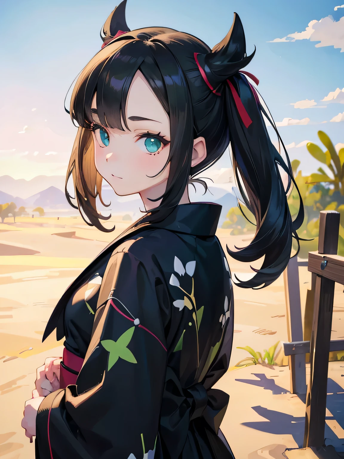 ((best quality)), ((masterpiece)), (detailed), perfect face, young girl, black hair, bangs, green eyes, black dress, happy, sunny, romantic, soft smile, ((desert)), looking at viewer, portrait, flat, ribbons, ((marnie pokemon)), (detail eyes), (shy), ((yukata)), (perfect eyes)