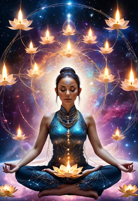 a woman sitting in a lotus position with candles around her, powerful woman sitting in space, cosmic energy wires, meditating in...