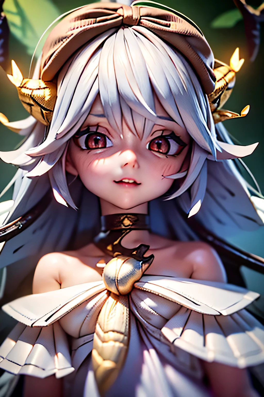 solo,1woman\(cute,kawaii,small kid,skin color white,short white hair,(big moth wing hair:1.7),white dress\(beautiful race\),(2moth antennaes at hair:1.2),big evil smile,[moth wing on back:2.0],[moth wing on body:2.0],[moth wings:2.0],[extra arm],moth wing is only at hair\),background\(dappled sunlight,beautiful forest,dark,\), BREAK ,quality\(8k,wallpaper of extremely detailed CG unit, ​masterpiece,hight resolution,top-quality,top-quality real texture skin,hyper realisitic,increase the resolution,RAW photos,best qualtiy,highly detailed,the wallpaper,cinematic lighting,ray trace,golden ratio,\),close up face