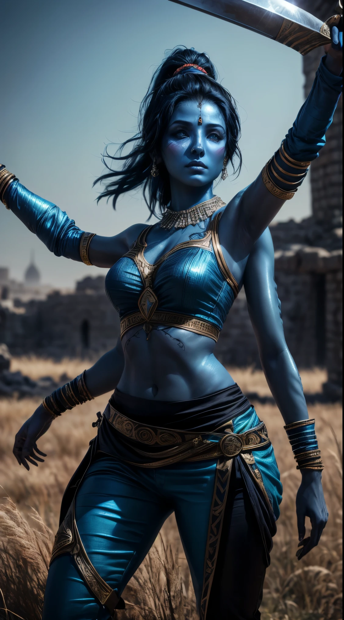 arab woman, (((blue skin))), (((four arms))), (((black hair))), indian woman, arabian, ((rogue battle clothes)), pants, ponytail, arabic swords, daylight field background .  (best quality,4k,8k,highres,masterpiece:1.2), HDR,UHD,studio lighting,ultra-fine painting,sharp focus,physically-based rendering,extreme detail description,professional, 