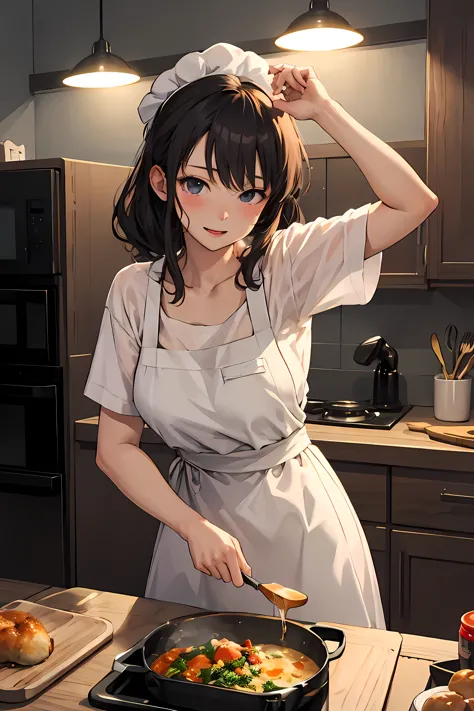 masterpiece, best quality, a cute anime lofi girl cooking dinner at home during the night, stunning anime