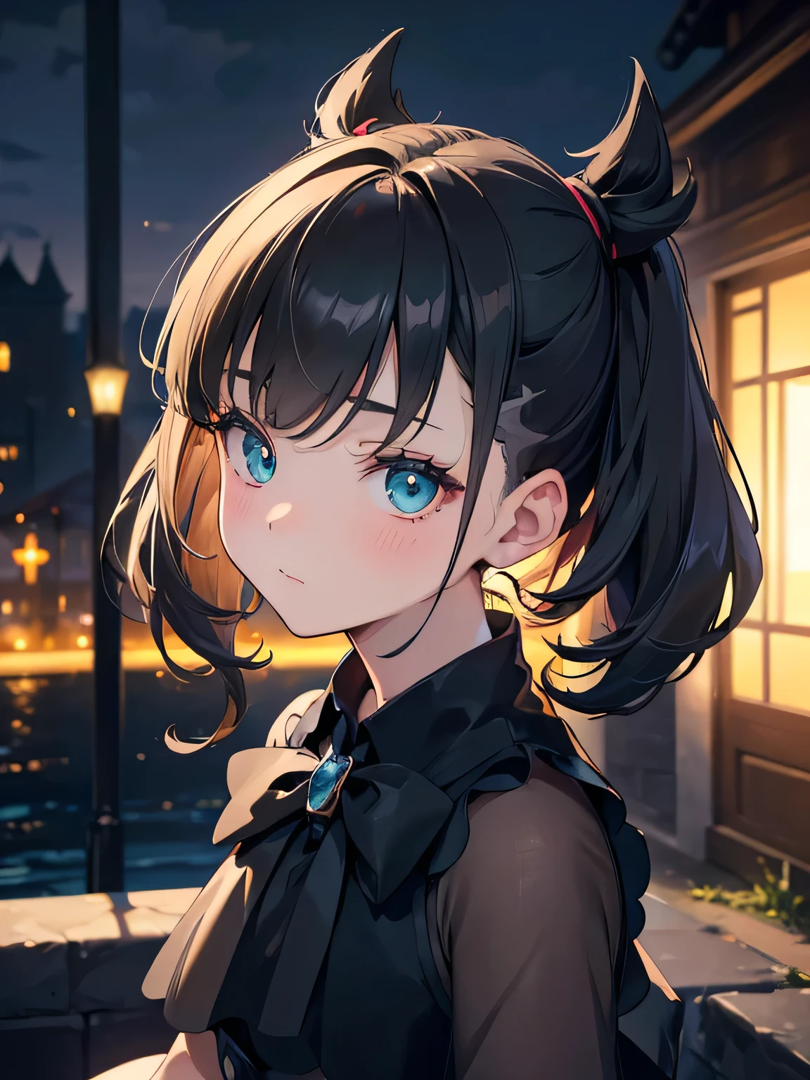 ((best quality)), ((masterpiece)), (detailed), perfect face, young girl, black hair, bangs, green eyes, black dress, romantic, soft smile, ((village)), looking at viewer, portrait, flat, ribbons, ((marnie pokemon)), (detail eyes), (shy), (perfect eyes), ((very shy)), blushing, ((night)),(facial closeups：1.2），（Sitting，（solofocus：1.2），（Best quality at best），（extremely detaile），（Unique），（Delicate background），（Masterpiece），（Ultra-high resolution），（Very detailed 8k wallpapers），cinmatic lighting，Volumetriclighting，light particules，Face Shadow，（Fine beautiful face and eyes），depth of fields，ssee-through，hdr，Ray traching，dynamic scene