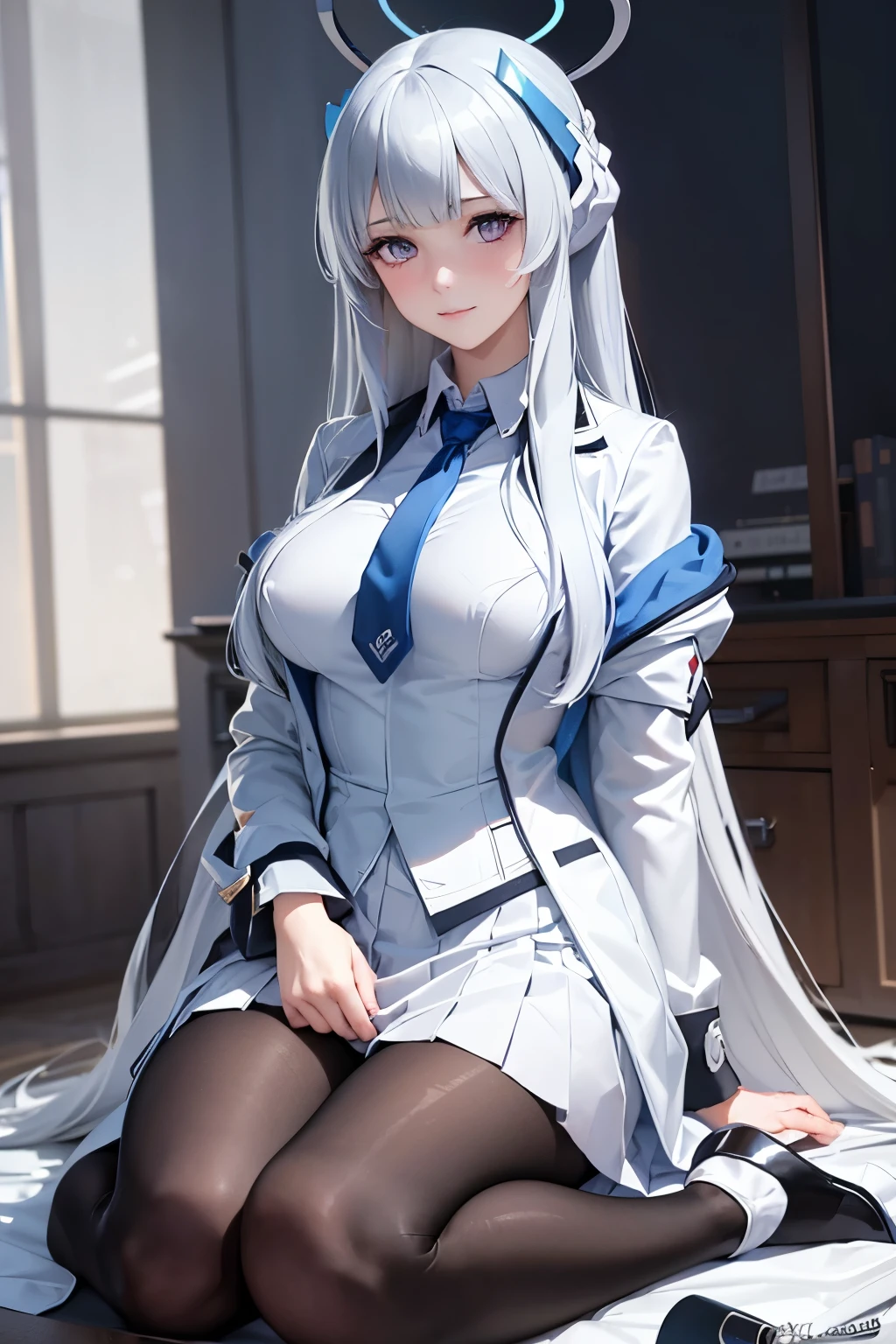 (mysterious paysage), (finely detailed eyes and detailed face:1.3), (extremely fine and beautiful:1.1), (Perfect details:1.1), ((gros seins)), ((jambes grasses)), Ushio Noa, Blue Archive, mechanical halo, absurdly long hair, white jacket, collared white shirt, white suit, blue necktie, two-sided fabric , white skirt, pantyhose, high heels, untucked shirt, (foot fetish),