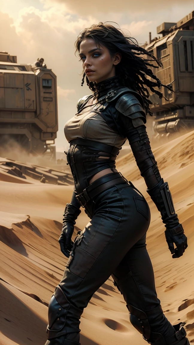 A hyperrealistic image at a high angle of: ((A sexy woman with dreadlocks and green eyes, wears sexy, post-apocalyptic clothes in the style of Mad Max, torn and with great cleavage, black metal scrap armor, wear dreadlocks with black and metallic thorn beads)), (Long red hair tousled, dirty), with gothic makeup, wide black smeared eyeshadow, stop in the desert on the dunes, proud, pride, canosa, athletic and scarred body, disheveled red hair with dreadlocks and black metal beads and thorns. she is standing next to her battle car like Furiosa from the Mad Max saga, auto robusto oxidado y dirty lleno de picos y armas, desolate desert landscape. She is standing walking through the dunes of the post-apocalyptic desert, raytraced, wind, desolate and desert landscape, (aesthetics and atmosphere:1.2), can, annoyed, vengeful, glowing red eyes like flames，Wide plan, Whole body. (raw photo, Best Quality), (realist, photo-realist:1.3), masterpiece, an extremely perfect and beautiful fully tattooed body, extremely detailed pale body, Best quality score, ultra dynamic pose, close up, high view, desertic and dark atmosphere, hate pose, fist clenched in anger,  decertic dunes, fist clenched in anger, barbed wire.