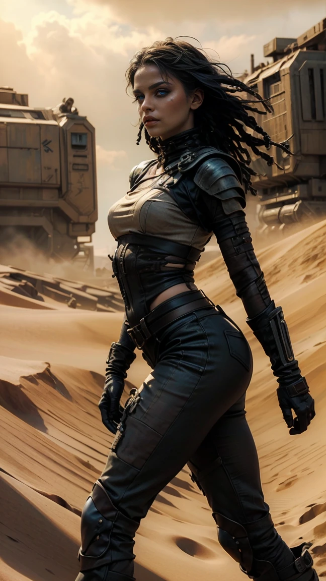 Una imagen hiperrealista en un gran ángulo de: ((Una sexy mujer con rastas y ojos verdes, viste sexy, ropa post-apocalíptica al estilo de Mad Max, desgarrada y con gran escote, armadura de chatarra de metal negro, usar rastas con cuentas de espinas negras y metálicas)), (Cabello largo color rojo despeinado, sucio), con maquillaje gotico, sombra de ojos amplio negro corrido, parada en el desierto sobre las dunas, orgullosa, soberbia, Poderosa, cuerpo atlético y con cicatrices, pelo color rojo despeinado con rastas y cuentas de metal negro y espinas. ella está parada junto a su auto de batalla como Furiosa de la saga Mad Max, auto robusto oxidado y sucio lleno de picos y armas, paisaje desolado del desierto. Ella está parada caminando por las dunas del desierto post-apocalíptico., trazado de rayos, viento, paisaje desolador y desertico, (estética y atmósfera:1.2), Poder, enojada, vengativa, ojos brillantes rojos como llamas，Plano amplio, cuerpo completo. (foto cruda, mejor calidad), (realista, photo-realista:1.3), Obra maestra, un extremadamente perfecto y hermoso cuerpo tatuado totalmente, cuerpo palido extremadamente detallado, Mejor puntaje de calidad, pose ultra dinámica, de cerca, vista alta, atmósfera desértica y oscura, pose de odio, puño cerrado con ira,  dunas decerticas, puño cerrado con ira, alambre de puas.