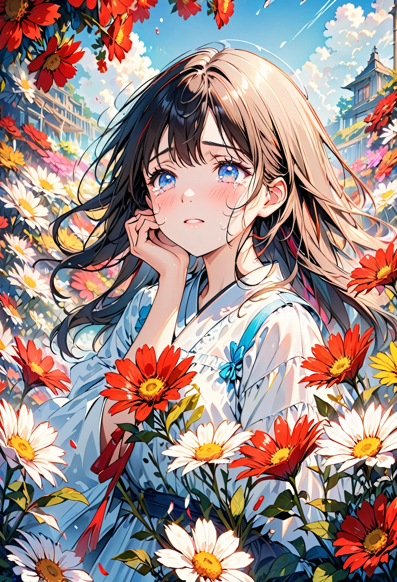 Beautiful girl cried，tears streaming down her cheeks，Lots of tears，eyes very focused，surrounded by beautiful flowers，Bright and vivid colors，high saturation，8K，Super fine，Rich details，A masterpiece of extreme detail，high quality