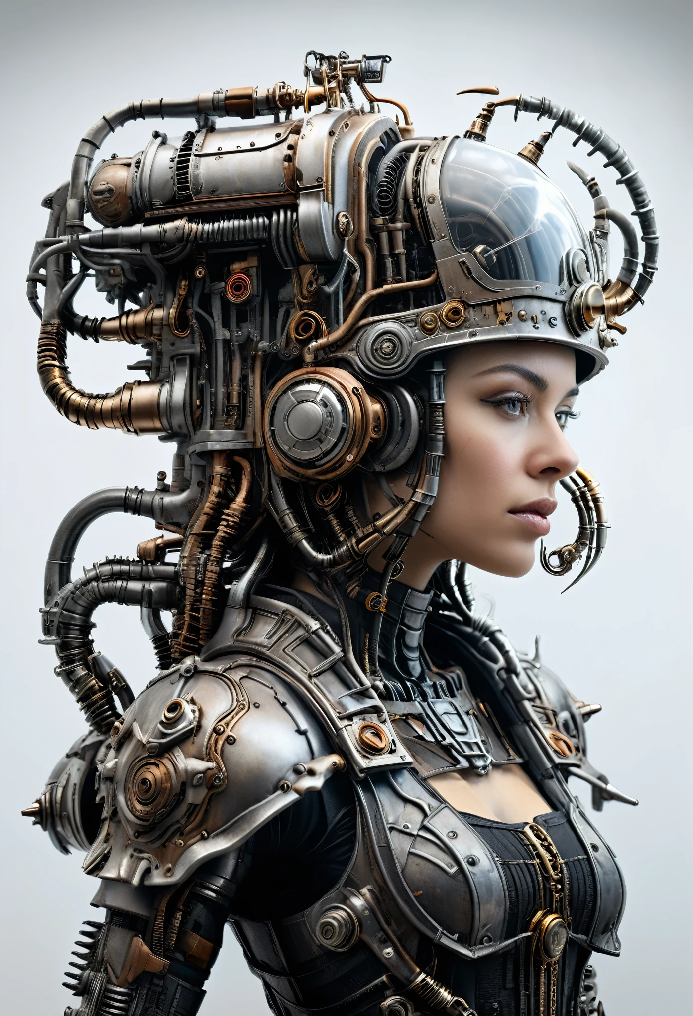 ohwx, a steam punk cyborg, side view, white background, unreal engine, inspired by HR Giger, half body portrait, highly detailed, photo realistic, cinematic, movie still, captured in the style of Sony Alpha A7 III camera