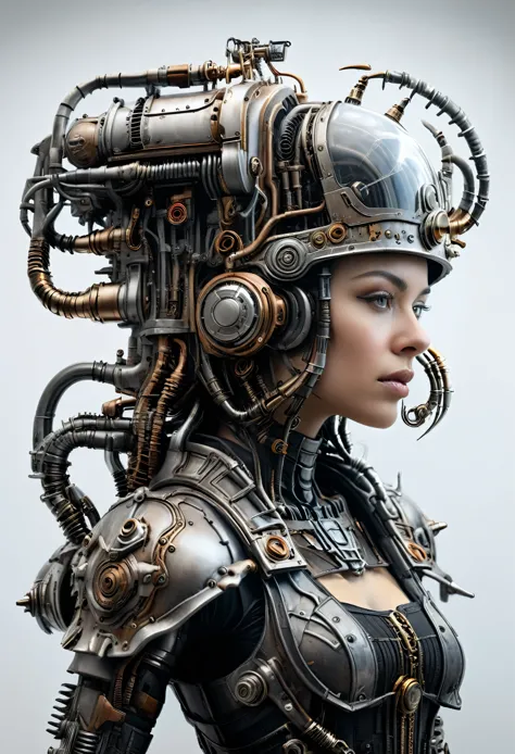 ohwx, a steam punk cyborg, side view, white background, unreal engine, inspired by HR Giger, half body portrait, highly detailed...