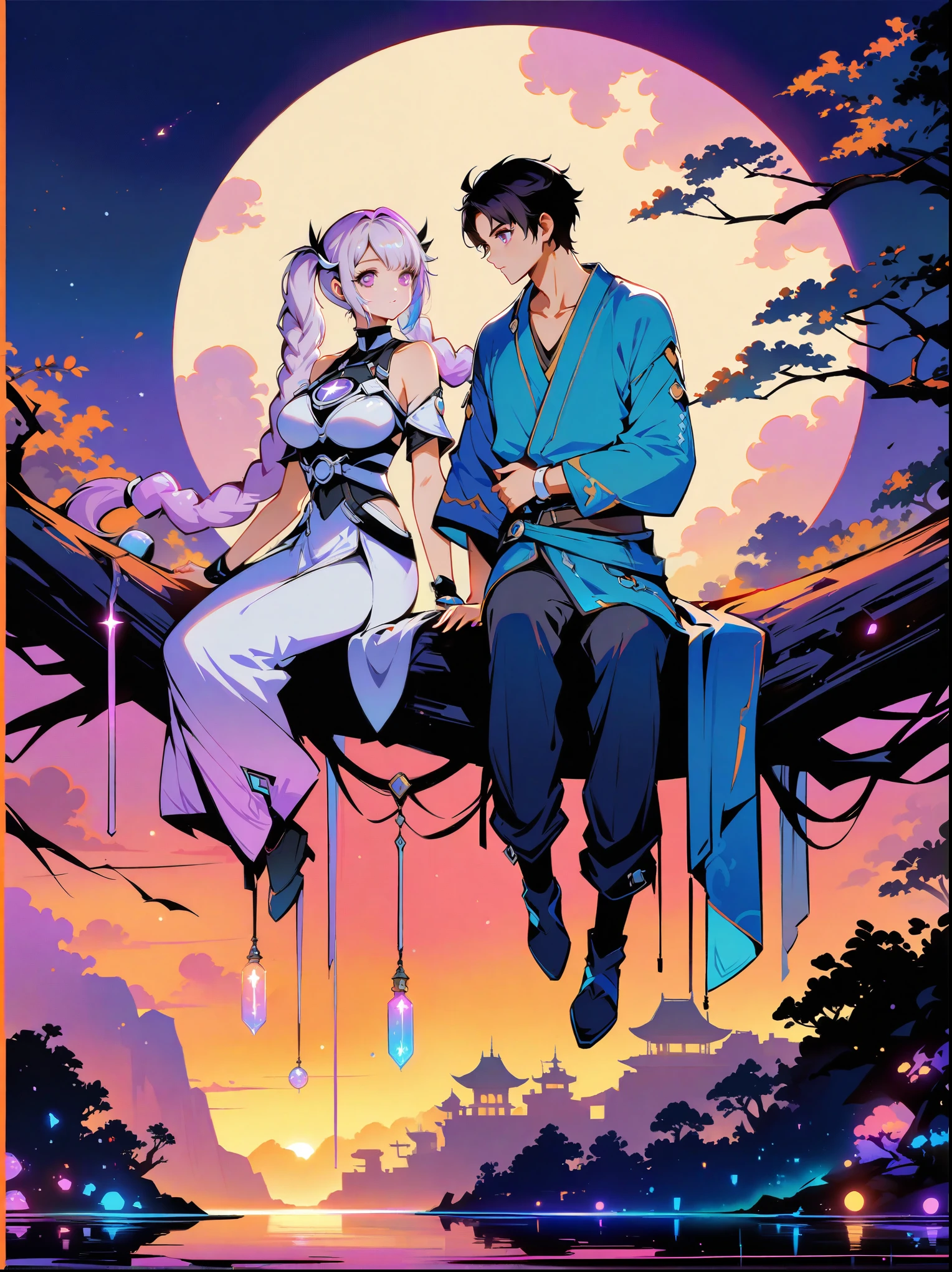 yinji, Romantic ancient style，night，Backlight，A man and a woman sitting on a tree branch，There is a full moon behind，Fresh colors，Soft colors，Diode lamp，Concept art style，Extremely complex details，Clear distinction between light and dark，Structured，Ultra HD, 1yj1