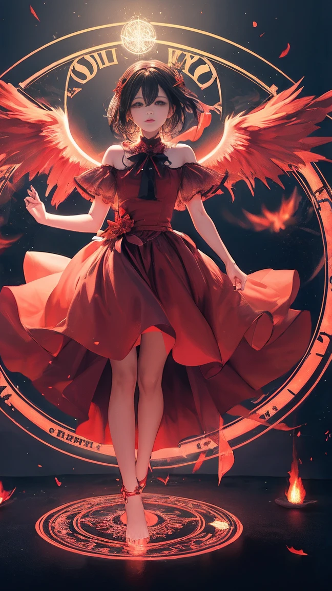 Masterpiece、8k,Magical Girl、Floating in the air、Red light emanates from the body、Many red fireballs are scattering around the woman.、Her eyes are glowing red、Magic circle at your feet、Magical circle at your feet、Flame wings on your back