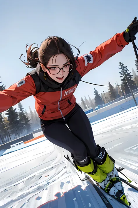 masterpiece, best quality, a 25-year-old colombian girl, wears glasses, loves sports like ice skiing, snowboarding, and playing ...