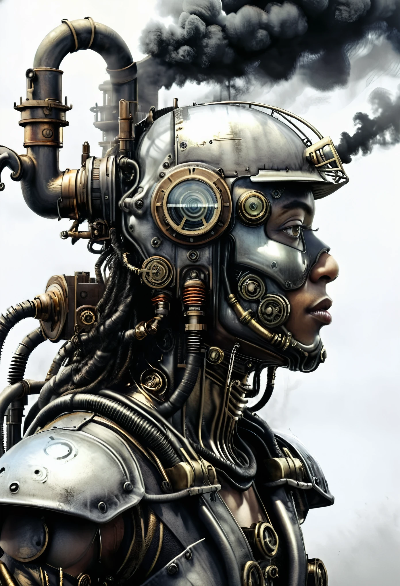 ohwx, a steam punk cyborg, side view, white background, unreal engine, inspired by HR Giger, half body portrait, highly detailed, photo realistic, cinematic, movie still, captured in the style of Sony Alpha A7 III camera