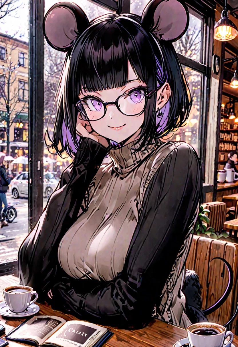solo, female, sfw, medium shot, mouse tail, black fur on arms, mouse arms, large mouse ears, black hair, black eyes, slim, short hair, straight bangs, violet eyes, glasses, large breasts, cafe, coffee, book, winter outside, comfy, smile, hipster