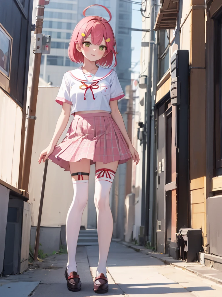 masterpiece, best quality, 1 girl, solo, MikoSchool, ahoge, short hair, hairclip, , white shirt, sailor collar, pink skirt, plaid, thighhighs, short sleeves,  looking through legs, full body,