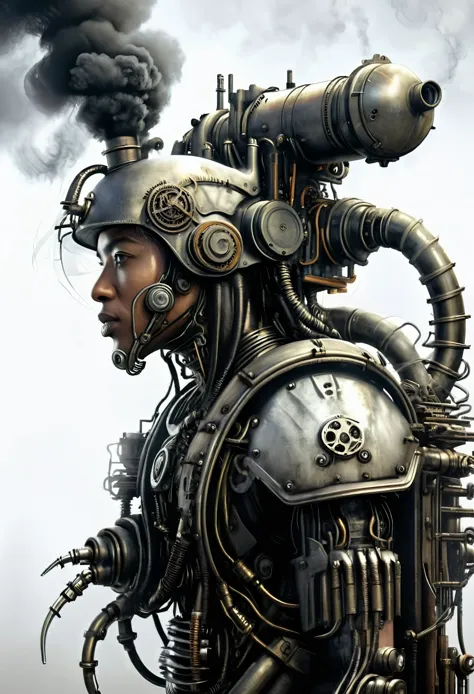ohwx, a steam punk cyborg, side view, white background, unreal engine, inspired by HR Giger, half body portrait, highly detailed...