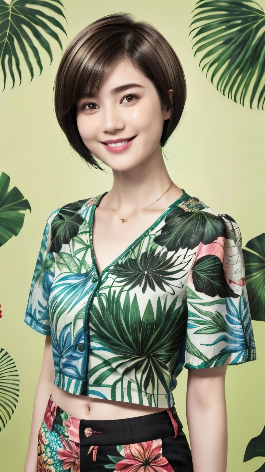231 (18-year-old female,Floral clothes), ((short hair:1.46)), (Pants Style), (A kind smile), (Jungle pattern)