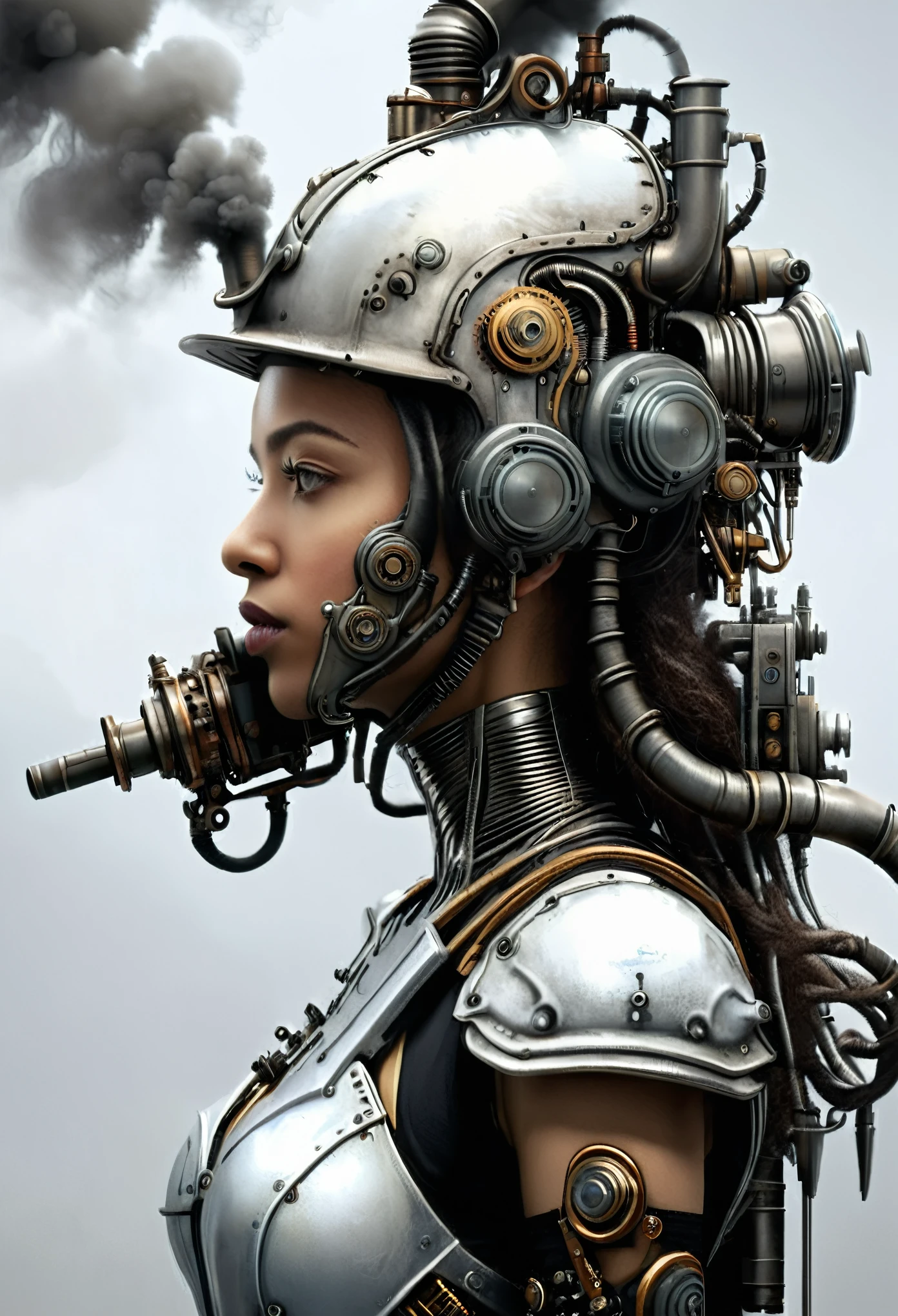 ohwx woman, a steam punk cyborg, side view, white background, unreal engine, inspired by HR Giger, half body portrait, highly detailed, photo realistic, cinematic, movie still, captured in the style of Sony Alpha A7 III camera