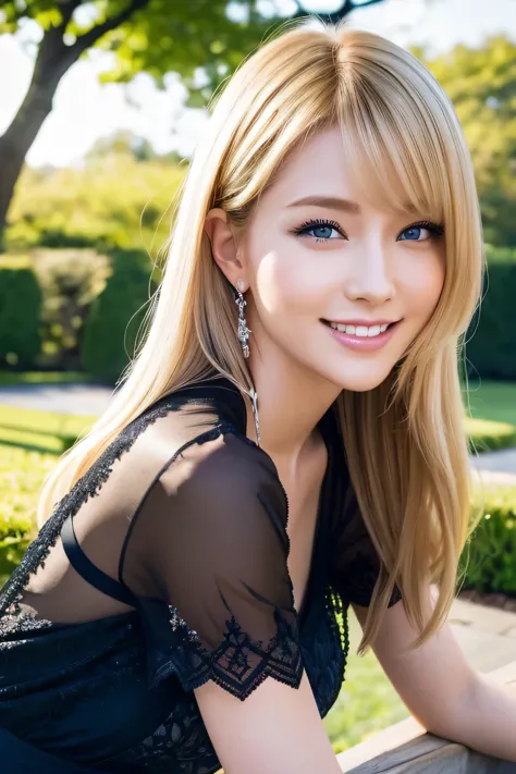 highest quality, Ultra-high resolution, (Realistic:1.4), Black sheer dress、Shortcuts、Japanese、Gal、Blonde、blue eyes、cute、smile、Pa...