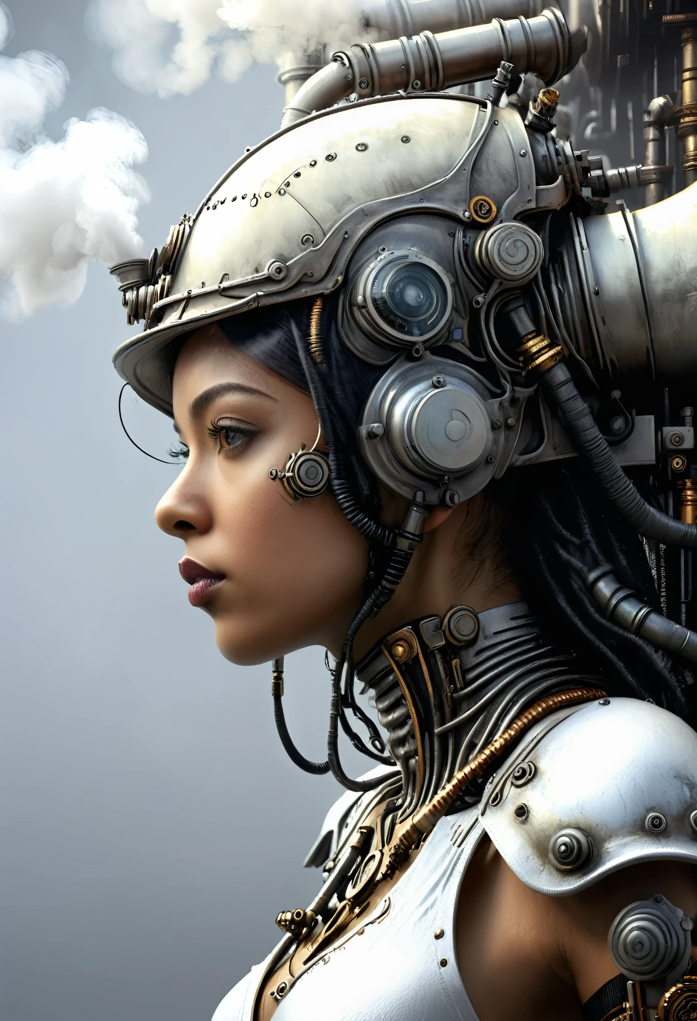 ah, mulher, um ciborgue steam punk, vista lateral, fundo branco, motor irreal, Inspirado em HR Giger, Retrato de meio corpo, Altamente detalhado, foto realista, cinematic, filme ainda, capturado no estilo da câmera Sony Alpha A7 III