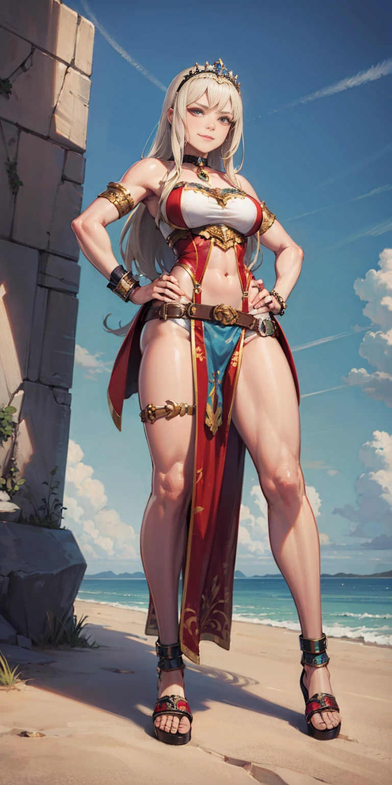 full body whole body 1sologirl loincloth standing warrior proud expression, hands on hips, loincloth standing, hands on hips, metal sandals, choker, big belt, view from below, feet together, bracers, tiara