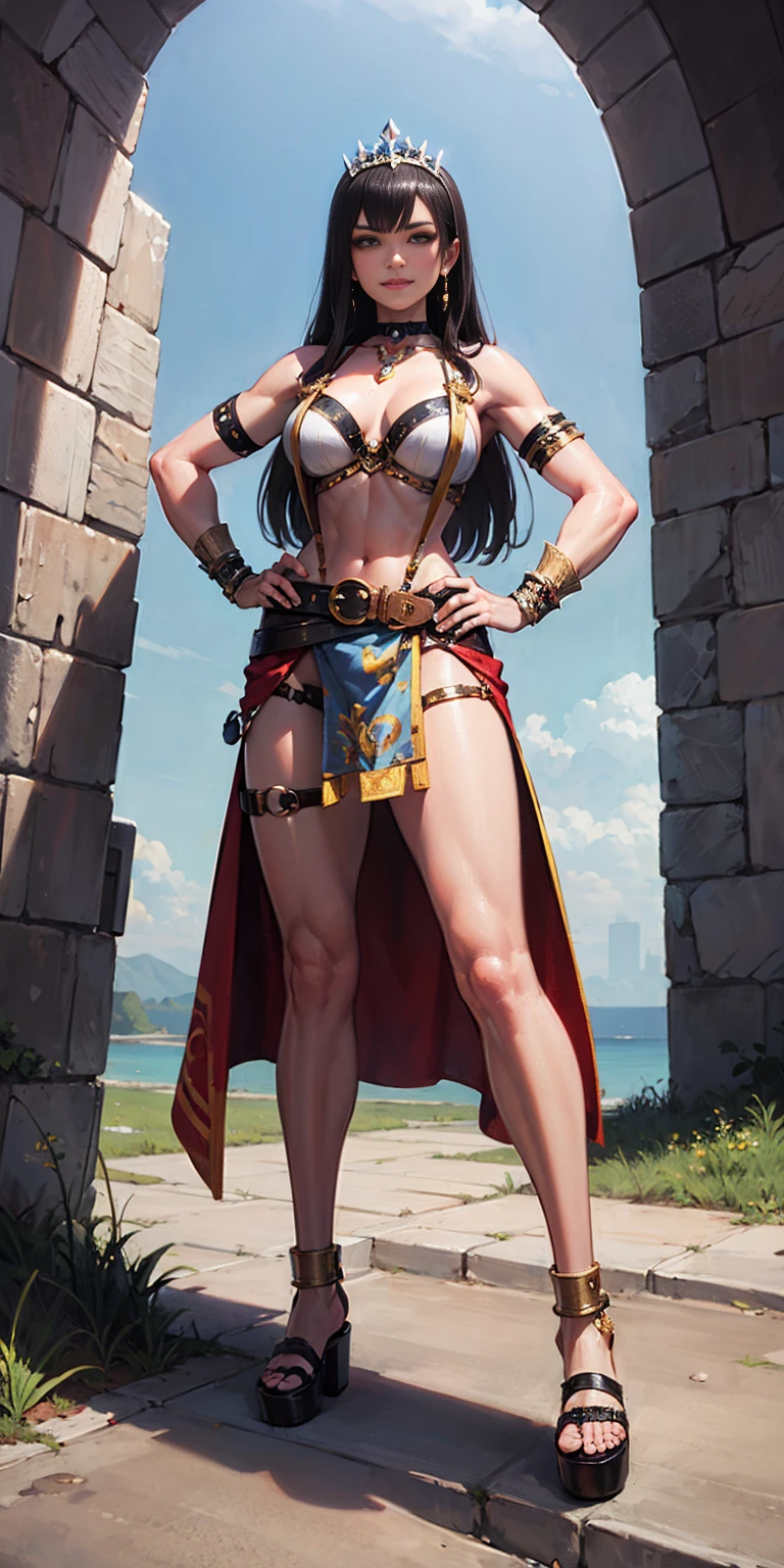 full body whole body 1sologirl loincloth standing warrior proud expression, hands on hips, loincloth standing, hands on hips, metal sandals, choker, big belt, view from below, feet together, bracers, tiara